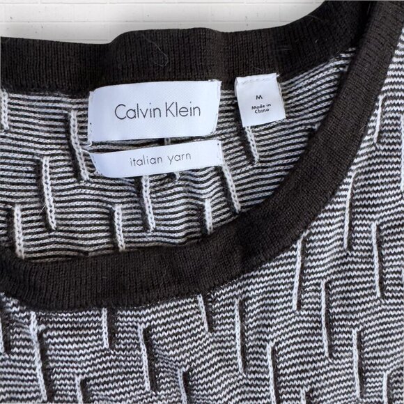 CALVIN KLEIN Men's Black White Geometric Italian Merino Wool Yarn Sweater M - Picture 2 of 7